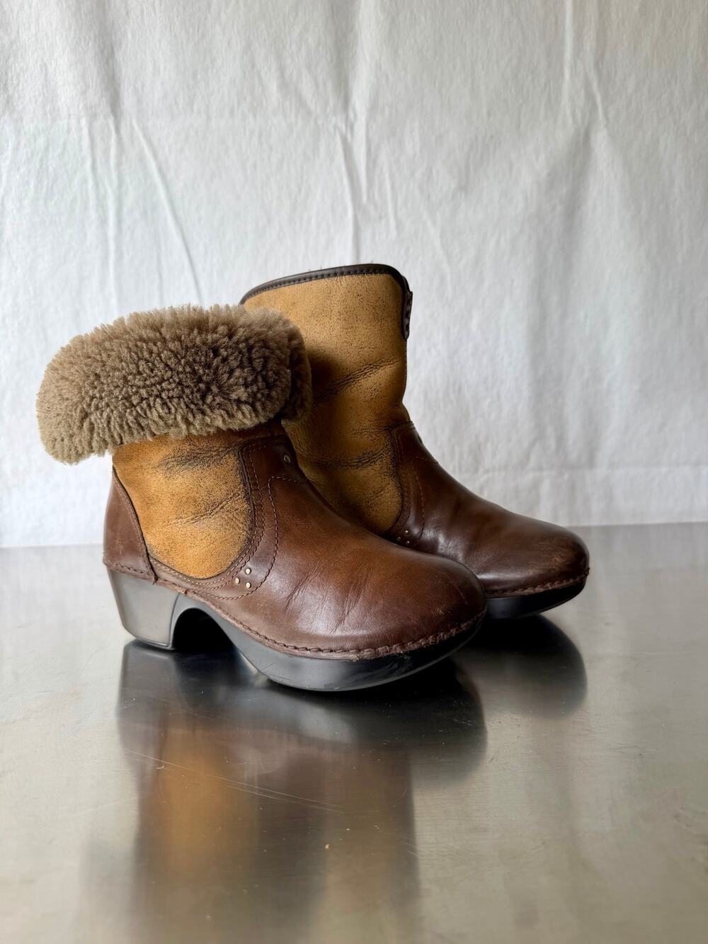 Dansko Brown Leather Shearling Foldable Cuff Clog Fur Boots EU 37/US 6.5-7